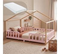 [en.casa] Cama Infantil Treviolo con colchón 120x200cm Rosa Natural | Cama Montessori de madera pino forma de casita bordes redondeados con barandillas somier 200 kg