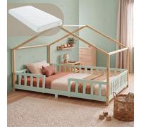 Cama para niños treviolo forma de casa pino + colchón 140x200 cm - verde menta / natural [en.casa]