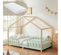[en.casa] Cama Infantil Treviolo con colchón 90x200cm Verde Menta Natural | Cama Montessori de madera pino forma de casita bordes redondeados con barandillas somier 120 kg