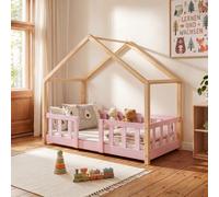 [en.casa] Cama infantil Treviolo forma de casita 70x140 cm Rosa Natural | Cama Montessori de madera de pino, bordes redondeados, con barandillas, somier de listones, máx. 70 kg