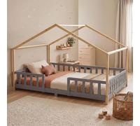 [en.casa] Cama Infantil Treviolo Forma de casita Pino 120x200 cm Gris Claro | natural cama Montessori de madera bordes redondeados con barandillas somier 200 kg