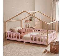 [en.casa] Cama Infantil Treviolo Forma de casita Pino 120x200 cm Rosa | natural cama Montessori de madera bordes redondeados con barandillas somier 200 kg