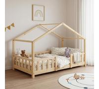 [en.casa] Cama Infantil Treviolo Forma de casita Pino 70x140 cm Natural | Cama Montessori bordes redondeados con barandillas somier 70 kg