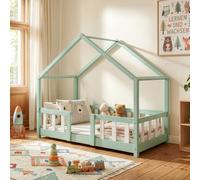 [en.casa] Cama Infantil Treviolo Forma de casita Pino 70x140 cm Verde Menta | Cama Montessori bordes redondeados con barandillas somier 70 kg