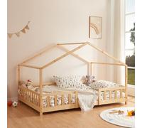 [en.casa] Cama Infantil Treviolo Forma de casita Pino 90x200 cm Natural | Cama Montessori bordes redondeados con barandillas somier 120 kg