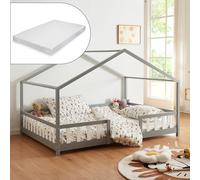 Cama para niños treviolo forma de casa pino + colchón 120x200cm - gris claro [en.casa]