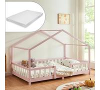 Cama para niños treviolo forma de casa pino + colchón 120x200cm - rosa [en.casa]