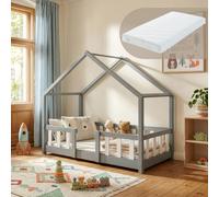 Cama para niños treviolo forma de casa pino + colchón 70x140 cm - gris claro / blanco [en.casa]