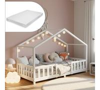 [en.casa] Cama Infantil Treviolo Forma de casita Pino y colchón 70x140cm | Cama Montessori bordes redondeados con barandillas somier 70 kg blanco