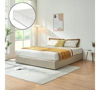 [en.casa] Cama Matrimonio NOLA Canapé Abatible con Somier y Colchón 180x200 cm Espacio de Almacenamiento Cama Tapizado Textil Tipo Lino MDF Contrachapado 206 x 181 x 28 cm - Beige