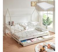 [en.casa] Cama Nido Aarghonmaa con Colchón 90x200 cm En Forma de Casita Cama Supletoria Somier con 4 Ruedas y 2 Cajones Protección contra Caídas máx. 120 kg Madera de Pino - Blanco