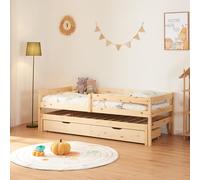 [en.casa] Cama Nido para Niños Niñas con 2 Cajones Estilo Montessori Cama Infantil con Cama Extraíble Barandilla y Somier máx. 100 kg/Cama Madera de Pino 90 x 200 cm - Natural