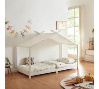 [en.casa] Cama para Niños Brome con Techo de Textil Desmontable Cama Infantil Individual con Somier Estructura en Forma de Casa Estilo Montessori 90 x 200 cm Madera Pino - Blanco