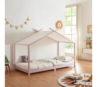 [en.casa] Cama para Niños Brome con Techo de Textil Desmontable Cama Infantil Individual con Somier Estructura en Forma de Casa Estilo Montessori 90 x 200 cm Madera Pino - Rosa y Blanco