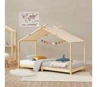 [en.casa] Cama para Niños con Techo de Textil Desmontable Cama Infantil Individual con Somier Estructura en Forma de Casa Estilo Montessori 90 x 200 cm Madera Pino - Natural y Beige