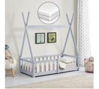 Cama infantil helsingborg con reja de seguridad y colchón - diseño tipi - pino 140x70 cm - gris claro [en.casa]