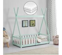 Cama infantil helsingborg con reja de seguridad y colchón - diseño tipi - pino 140x70 cm - verde menta [en.casa]