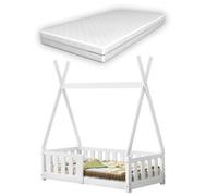 Cama infantil helsingborg con colchón y reja de seguridad - estructura tipi - pino 140x70 cm - blanco mate [en.casa]