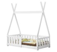 [en.casa] Cama para Niños Helsingborg Pequeños Estructura Tipi Indio Cama Montessori con Somier Cama Infantil con Reja de Seguridad Carga máx. 80 kg Madera Pino 70 x 140 cm - Blanco Mate