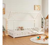 [en.casa] Cama para Niños Hesel Decorativa Cama Infantil Individual con Somier y Barandilla Estructura en Forma de Casa Estilo Montessori Madera de Pino 90 x 200 cm - Blanco