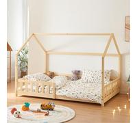 [en.casa] Cama para Niños Hesel Decorativa Cama Infantil Individual con Somier y Barandilla Estructura en Forma de Casa Estilo Montessori Madera de Pino 120 x 200 cm - Efecto Madera