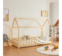 [en.casa] Cama para Niños Hesel Decorativa Cama Infantil Individual con Somier y Barandilla Estructura en Forma de Casa Estilo Montessori Madera de Pino 90 x 200 cm - Efecto Madera