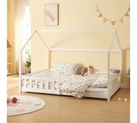 [en.casa] Cama para Niños Hesel Decrativa Cama Infantil con Somier y Barandilla Estructura en Forma de Casa Estilo Montessori Madera de Pino 140 x 200 cm - Blanco