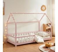 [en.casa] Cama para Niños Hesel Decrativa Cama Infantil Individual con Somier y Barandilla Estructura en Forma de Casa Estilo Montessori Madera de Pino 90 x 200 cm - Rosa