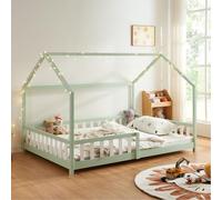 [en.casa] Cama para Niños Hesel Decrativa Cama Infantil Individual con Somier y Barandilla Estructura en Forma de Casa Estilo Montessori Madera de Pino 140 x 200 cm - Verde Menta