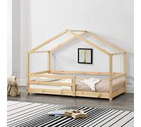 [en.casa] Cama para Niños Knätten Decorativa Cama Infantil con Somier y Reja de Seguridad Estructura en Forma de Casa Estilo Montessori Madera de Pino 90 x 200 cm Natural