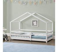 [en.casa] Cama para Niños Knätten Decorativa Cama Infantil con Somier y Reja de Seguridad Estructura en Forma de Casa Estilo Montessori Madera de Pino 90 x 200 cm Blanco Lacado Mate