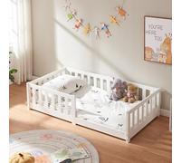 [en.casa] Cama para Niños Tanna Cama Infantil de Estilo Montessori con Somier y Barandilla de Protección Madera Pino 80 x 160 cm - Blanco