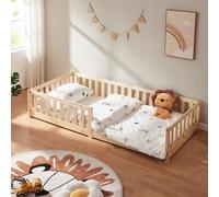 [en.casa] Cama para Niños Tanna Cama Infantil de Estilo Montessori con Somier y Barandilla de Protección Madera Pino 90 x 200 cm - Natural
