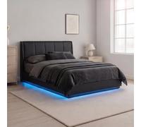 [en.casa] Cama tapizada con LED RGB 140x200 cm Tröstiar Polipiel Negro | Cama doble con iluminación cama de 140 x 200 con espacio de almacenamiento, cabecero canapé abatible y somier de láminas