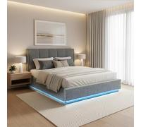 [en.casa] Cama tapizada con LED RGB 160x200 cm Tröstiar Lino Antracita | Cama doble con iluminación cama de 160 x 200 con espacio de almacenamiento, cabecero canapé abatible y somier de láminas