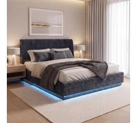 Cama tapizado led tröstiar con somier abatible lino 160x200cm - azul [en.casa]