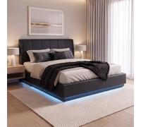 [en.casa] Cama tapizada con LED RGB 160x200 cm Tröstiar Polipiel Negro | Cama doble con iluminación cama de 160 x 200 con espacio de almacenamiento, cabecero canapé abatible y somier de láminas