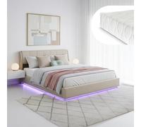 [en.casa] Cama tapizada con LED RGB 180x200 cm Tröstiar Lino Beige | Cama doble con iluminación cama de 180 x 200 con espacio de almacenamiento, cabecero canapé abatible y somier de láminas
