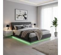 [en.casa] Cama tapizada con LED RGB 180x200 cm Tröstiar Lino Negro | Cama doble con iluminación cama de 180 x 200 con espacio de almacenamiento, cabecero canapé abatible y somier de láminas