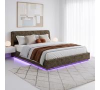 [en.casa] Cama tapizada con LED RGB 180x200 cm Tröstiar Lino Verde | Cama doble con iluminación cama de 180 x 200 con espacio de almacenamiento, cabecero canapé abatible y somier de láminas