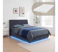 [en.casa] Cama tapizada LED RGB colchón 140x200 cm Tröstiar Lino Azul | Cama doble con iluminación cama de 140 x 200 espacio de almacenamiento, cabecero canapé abatible y somier de láminas