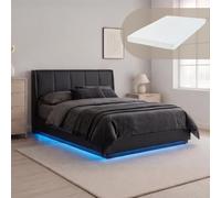 [en.casa] Cama tapizada LED RGB colchón 140x200 cm Tröstiar Polipiel Negro | Cama doble con iluminación cama de 140 x 200 espacio de almacenamiento, cabecero canapé abatible y somier de láminas