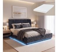 [en.casa] Cama tapizada LED RGB colchón 160x200 cm Tröstiar Lino Azul | Cama doble con iluminación cama de 160 x 200 espacio de almacenamiento, cabecero canapé abatible y somier de láminas