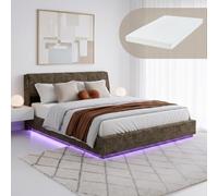 Cama tapizado led tröstiar con somier abatible + colchón lino 180x200cm verde [en.casa]