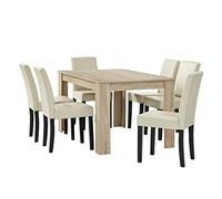 [en.casa] Conjunto de Mesa Comedor Forssa 140 x 90 x 77 cm + Set de 6 Sillas de Polipiel 90 x 42 x 48 cm Juego de Meubles de Comedor MDF - Roble Claro + Crema