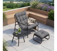 [en.casa] Conjunto de Muebles de jardín Trerdfjoa Gris Oscuro | 3 piezas resistente acero mesa redonda, taburete, silla con reposabrazos y cojín para exterior terraza 1 persona