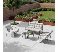 [en.casa] Conjunto jardín Exterior Kivanta 5 Piezas Acero Gris/Beige | 2 Mesas de centro redondas 1 sofá de 2 plazas y 2 sillas con reposabrazos cojines juego muebles de terraza metal 4 personas