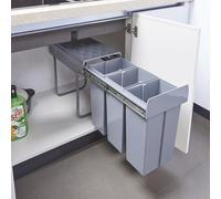 [en.casa] Cubo de Basura Empotrable Froland Grande Capacidad 3 x 10 L Papelera con 3 Compartimentos Bajo Fregadero Plástico Acero 48 x 26 x 42 cm - Gris