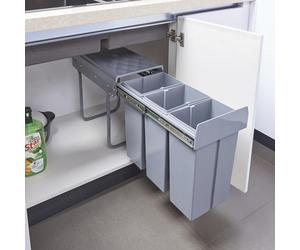 [en.casa] Cubo de Basura Empotrable Froland Grande Capacidad 3 x 10 L Papelera con 3 Compartimentos Bajo Fregadero Plástico Acero 48 x 26 x 42 cm - Gris