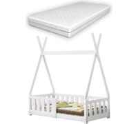 [en.casa] Cuna para bebé con colchón de 70x140 cm, color blanco, con protección anticaídas, diseño tipi, fabricada en madera de pino. Cama juvenil, cama de madera, cama tipo casita